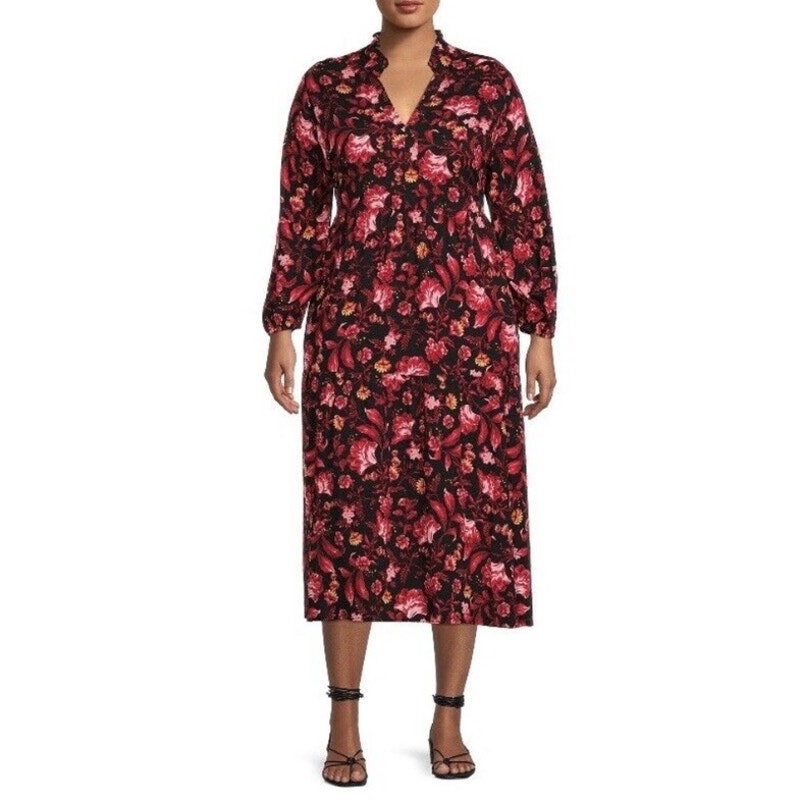 Terra&Sky Black&Red Floral Tiered Maxi Dress Sz.4x